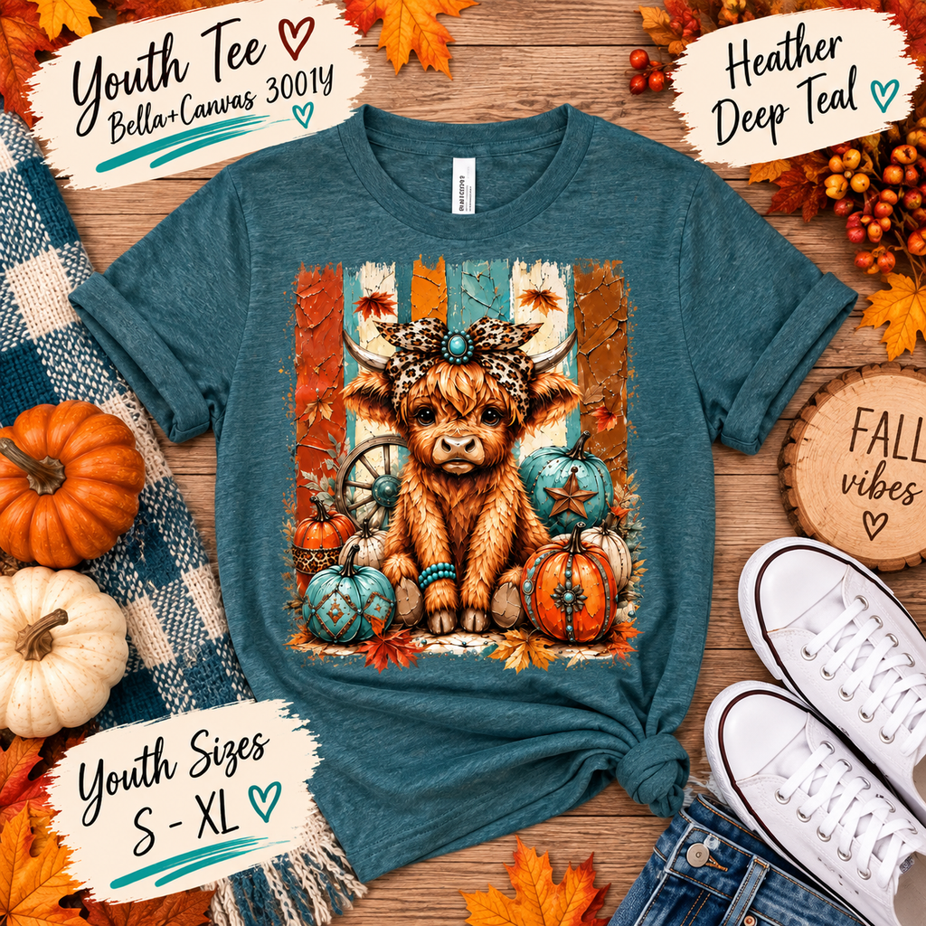 Western Fall Highland Cow Tee 🩵🎃