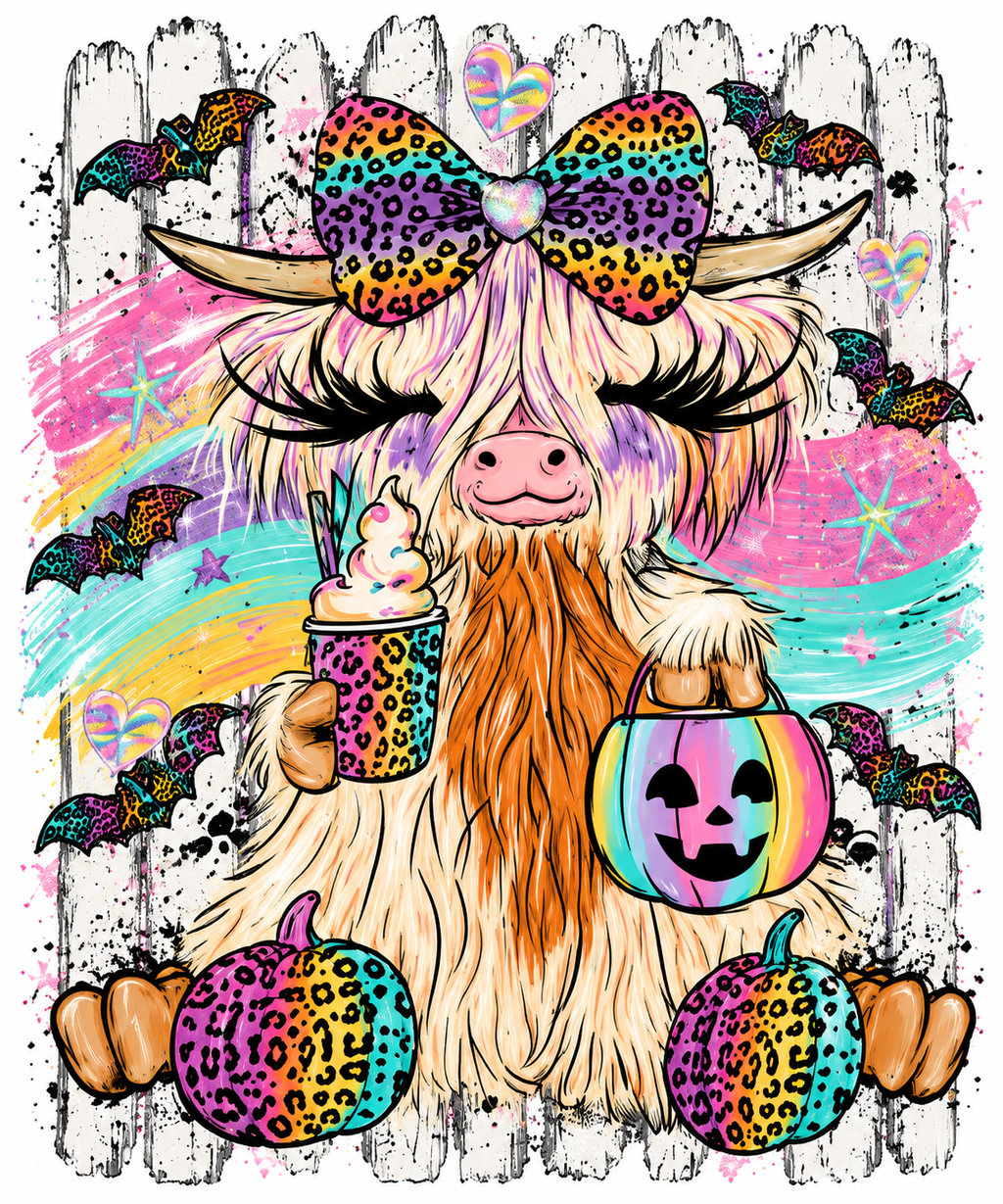 Rainbow Highland Cow Halloween Tee 🎃🌈