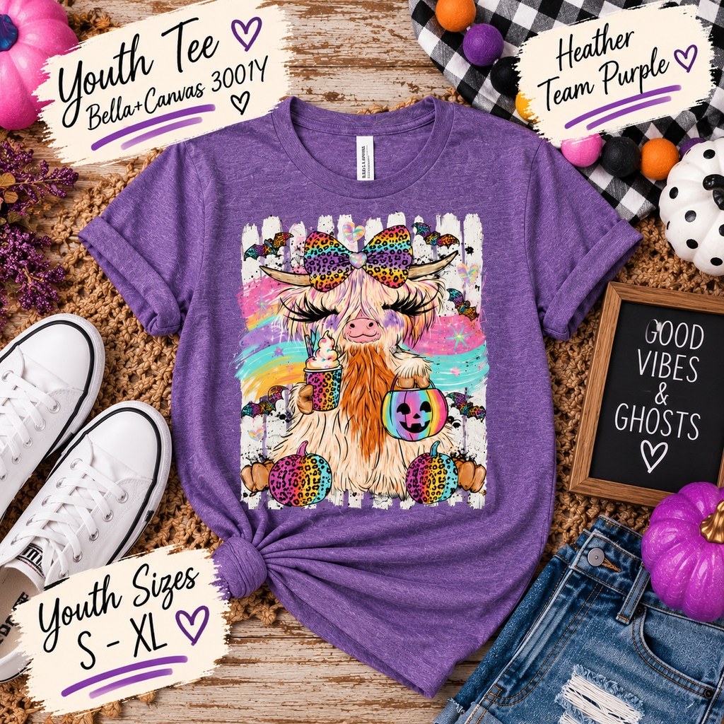 Rainbow Highland Cow Halloween Tee 🎃🌈