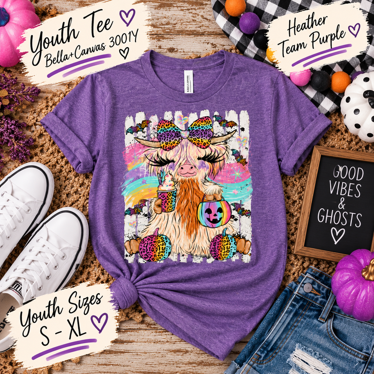 Rainbow Highland Cow Halloween Tee 🎃🌈